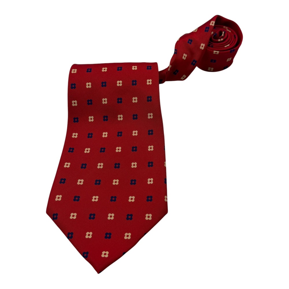Polo Ralph Lauren Mens Silk Tie Red Floral Geometric Made by Hand USA 2549